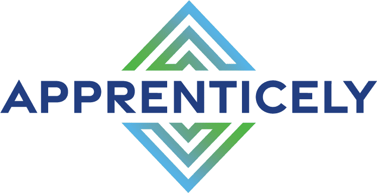 The navy Apprenticely logo. A green and blue diamond shape is split above and below the middle of the word.