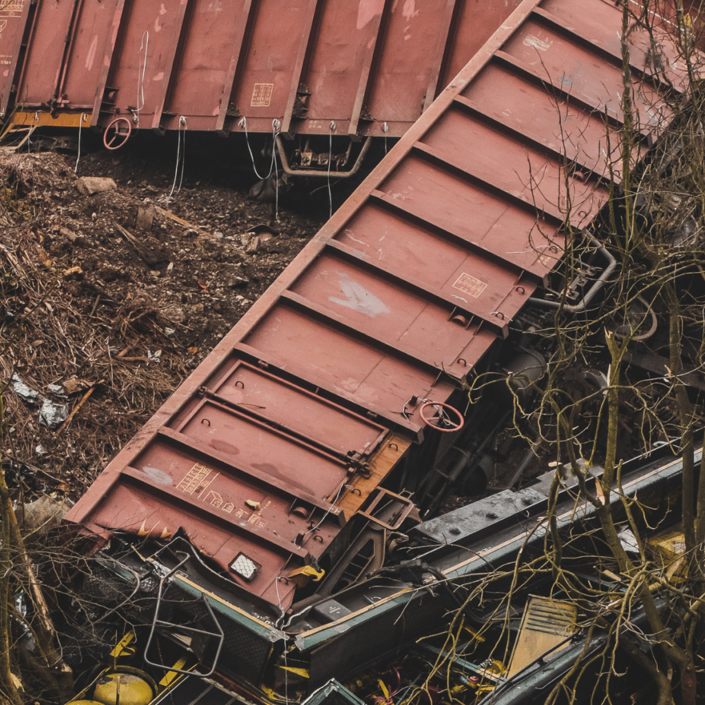 A train wreck—a maroon train car laying sideways off the track.