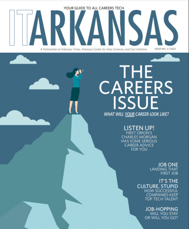 The cover of IT Arkansas magazine with a woman standing on top of a mountain looking through binoculars.