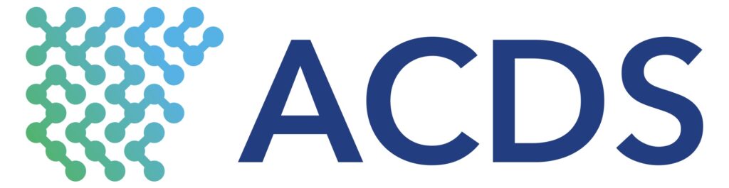 ACDS Logo - blue letters and a blue/green gradient icon of Arkansas.