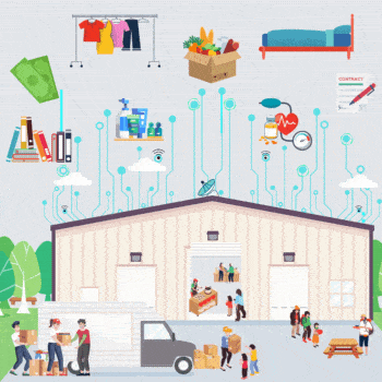 An animated graphic of little people moving boxes into a warehouse. Floating icons of household items are above the building.