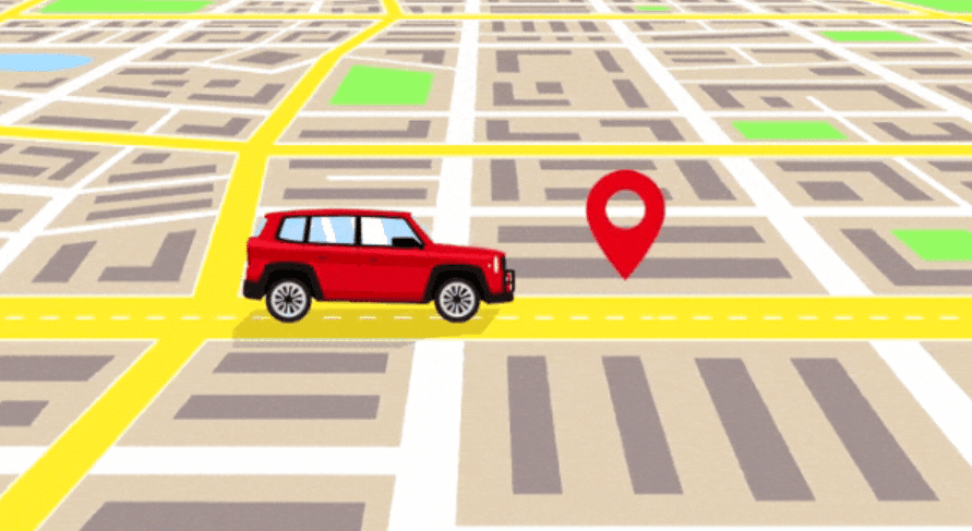 An animated graphic of a car driving along a map view of a street.