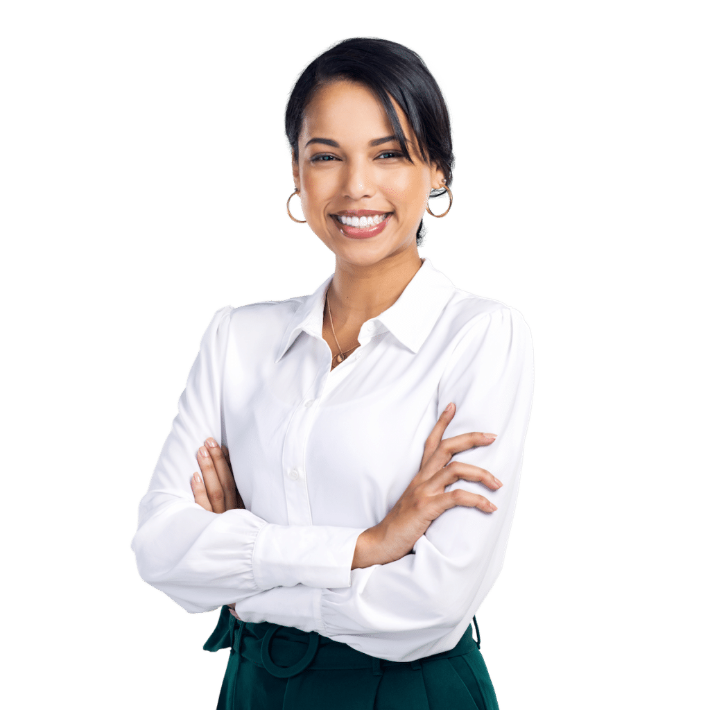 A professional headshot of a black woman wearing a white shirt and dark green pants.