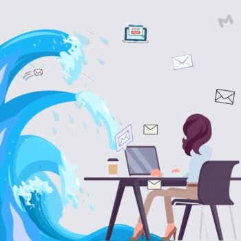 An animated motion graphic of a woman sitting at her desk as a wave of emails and notifications grows bigger over her.