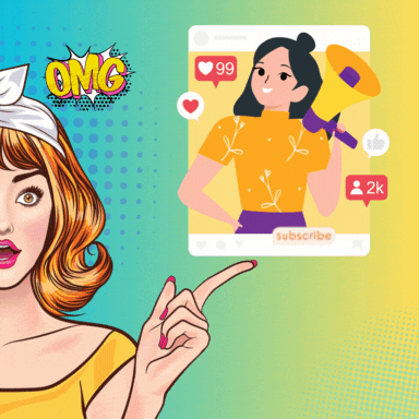 A animated motion graphic of a woman pointing at a social media post of a woman holding a megaphone.