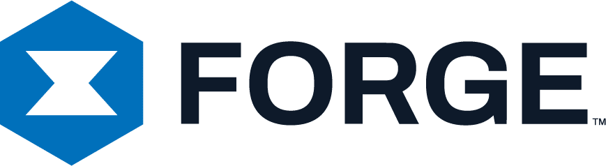 Forge Logo: Black letters with a blue hexagon with a hourglass cut out.