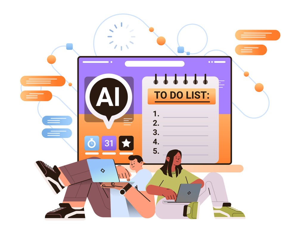 A cartoon of two people sitting and laying on the floor on laptops and behind them is a large computer screen with a text bubble that says "AI" and a to do list.