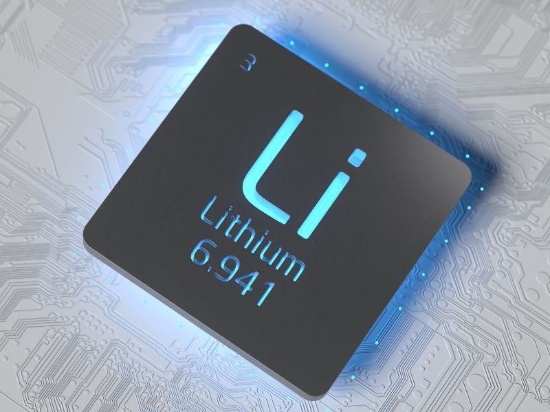 A large metal periodic square table of Lithium. The "Li" symbol glows with a light blue light.