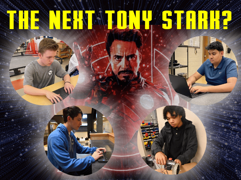 A graphic titled "The Next Tony Stark?", and under it are four bubbles of high school boys working on laptops or on science projects.
