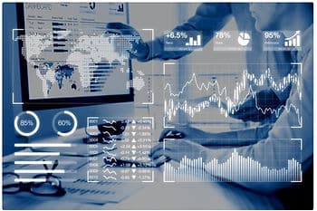 A blue and white image of two people looking at a desktop computer overlayed with images of graphs and charts.