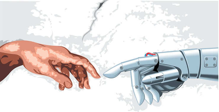 An adaptation of the Creation of Adam painting but one hand is a robotic hand.