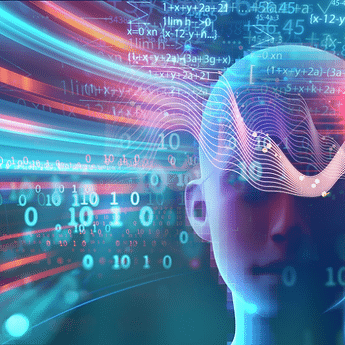 A graphic of a bald human head in the right side with swirling numbers and equations around the head in blue neon lights.