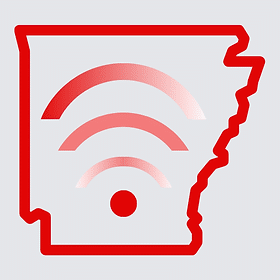 A red outline of Arkansas with a network signal in the middle.