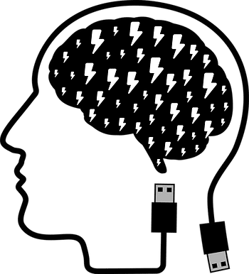 An icon of a usb cable forming the shape of a head with the brain coming out of one end of the cable, black and full of lighting bolts.
