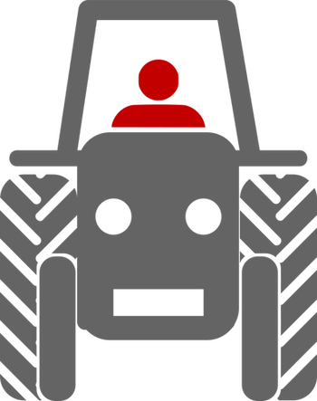 An icon of a gray tractor with a red person sitting in it.