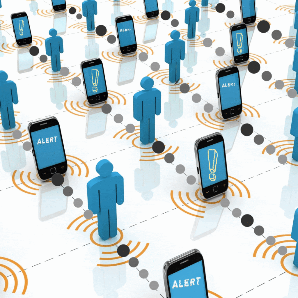 A motion graphic of rows of smart phones and figures of people connected by moving dots. The phone screens alternate showing "Alert" and a giant exclamation point.