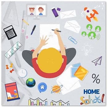 An animated graphic of the top of a child's head as they draw on a piece of paper. Around the child are drawings of a calculator, ruler, rocket, paper airplane, and more. In the corner of the image it says "Home School."