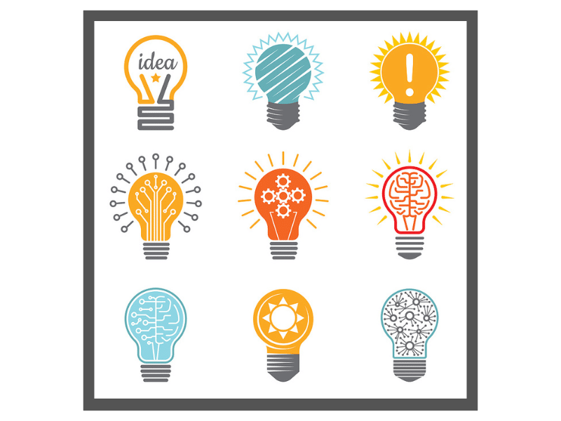 A poster with different color light bulb graphics.