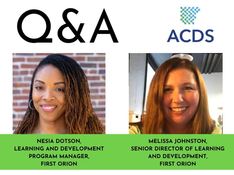 Two headshots of women for a Q&A: the left is a black woman wearing hoop earrings and pink lipstick and on the right is a white woman with brown hair.